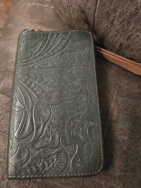 margot Embossed Dark Green Leather Wristlet Wallet with Tan Strap